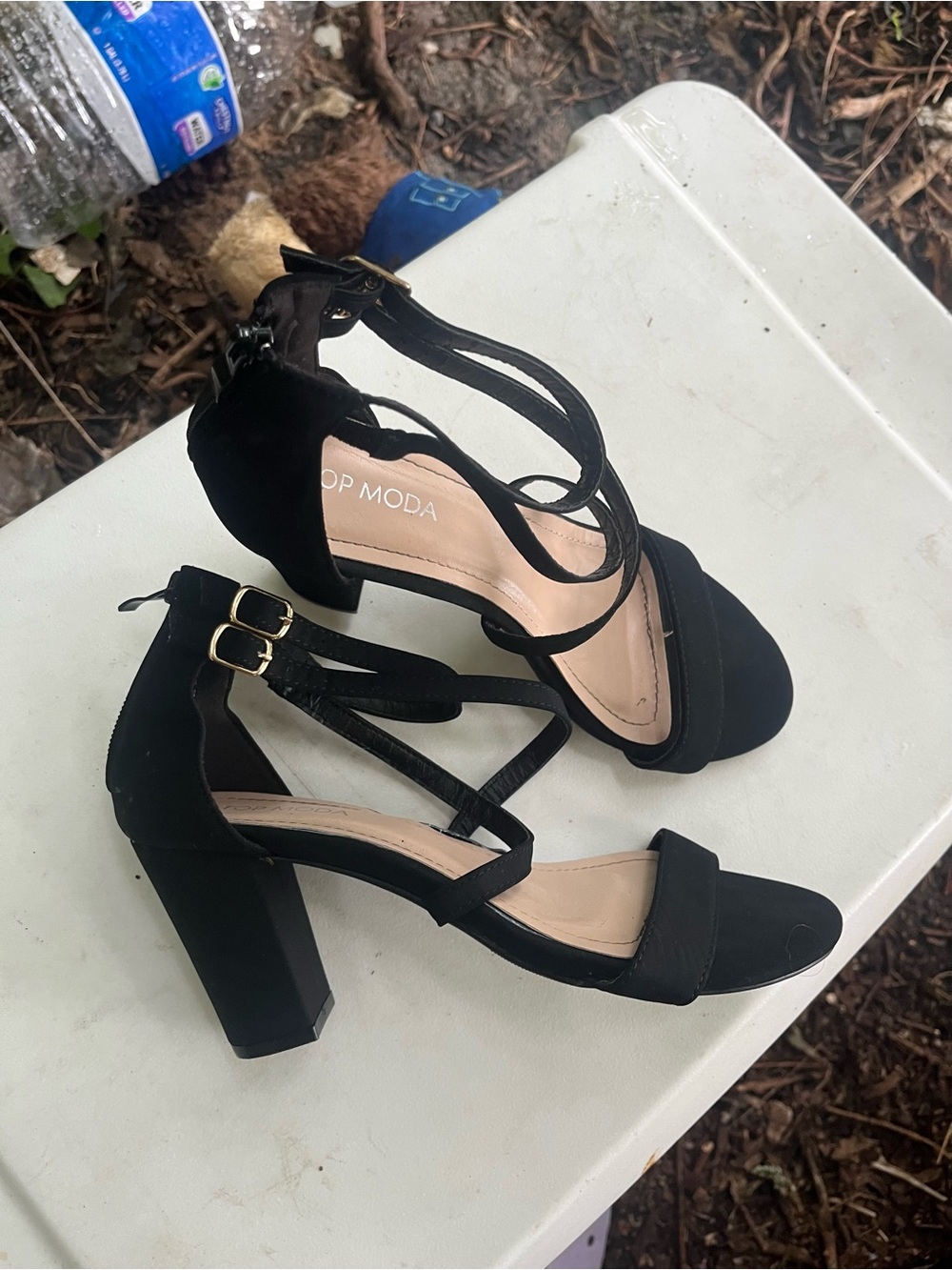 TOP Moda Black Strappy Block Heel Sandals with Ankle Buckles